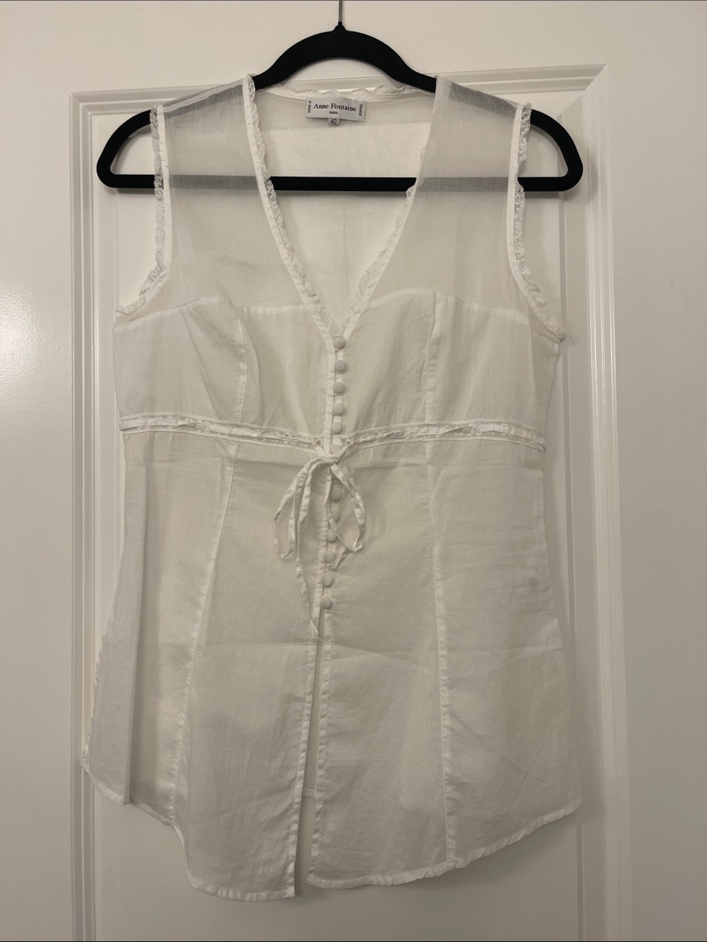 Anne Fontaine White Lace-Trimmed Tie-Front Camisole Top